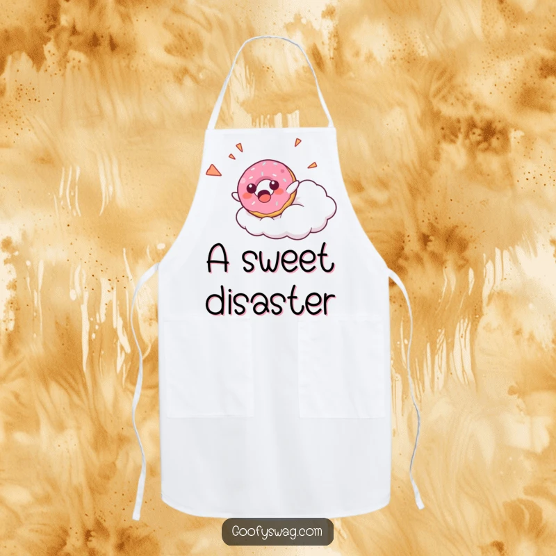 Funny Donut Falling Apron showing a surprised donut character falling from a cloud with a happy yelp, perfect for cooks who enjoy sweet humor.