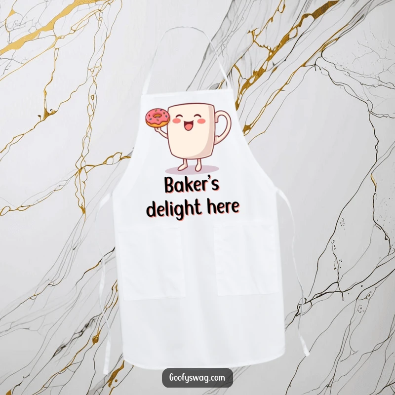 Funny Coffee Mug Apron: A functional apron with a dancing coffee mug balancing a donut, bringing morning merriment to cooking.