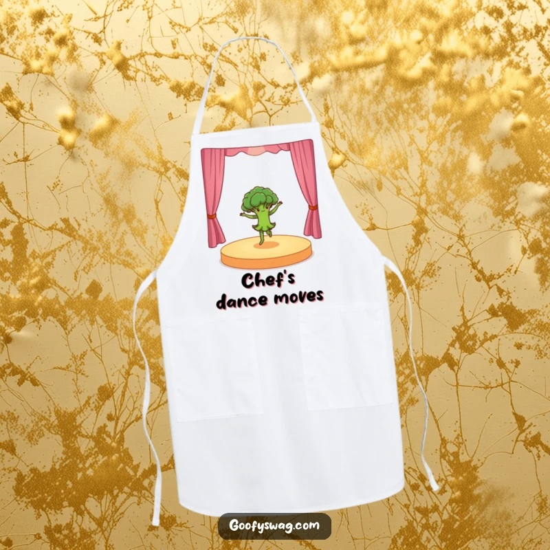 Funny dancing broccoli doing a dramatic pirouette on a tiny stage, a humorous apron design for chefs and home cooks who enjoy vibrant performances.