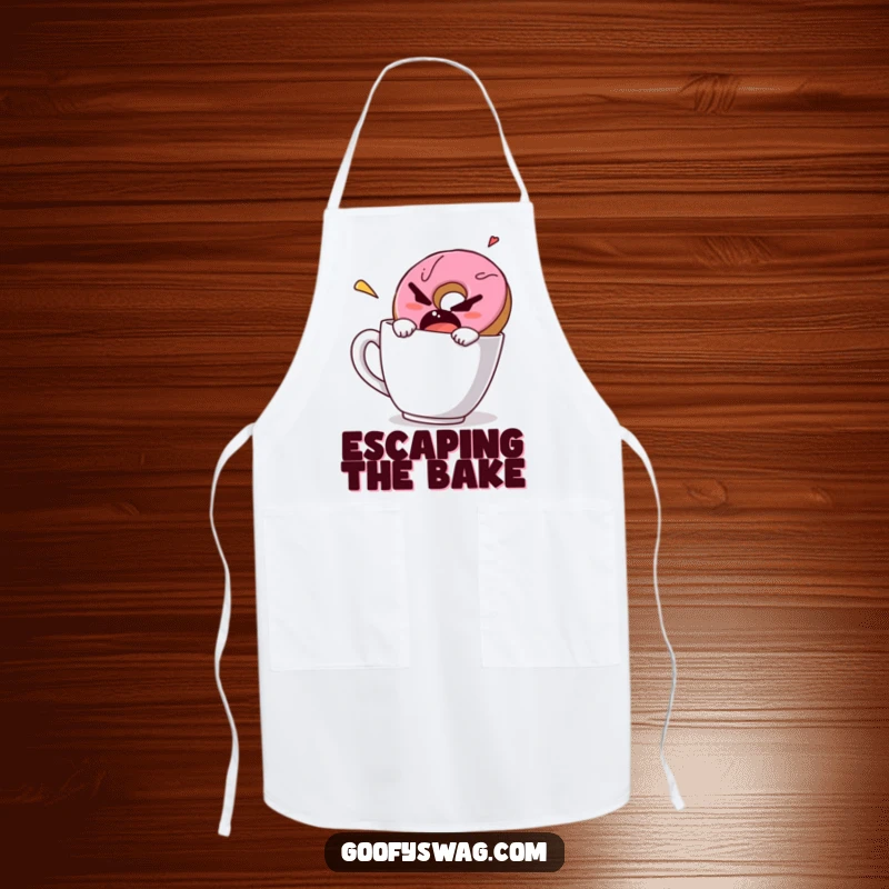 Funny apron designed with a grumpy donut comically escaping a coffee mug at high speed, a humorous kitchen essential.