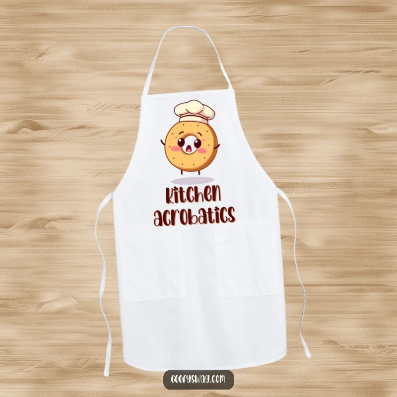 Funny apron depicting a surprised bagel wearing a chef hat, comically attempting a flip, ideal for kitchen fun.