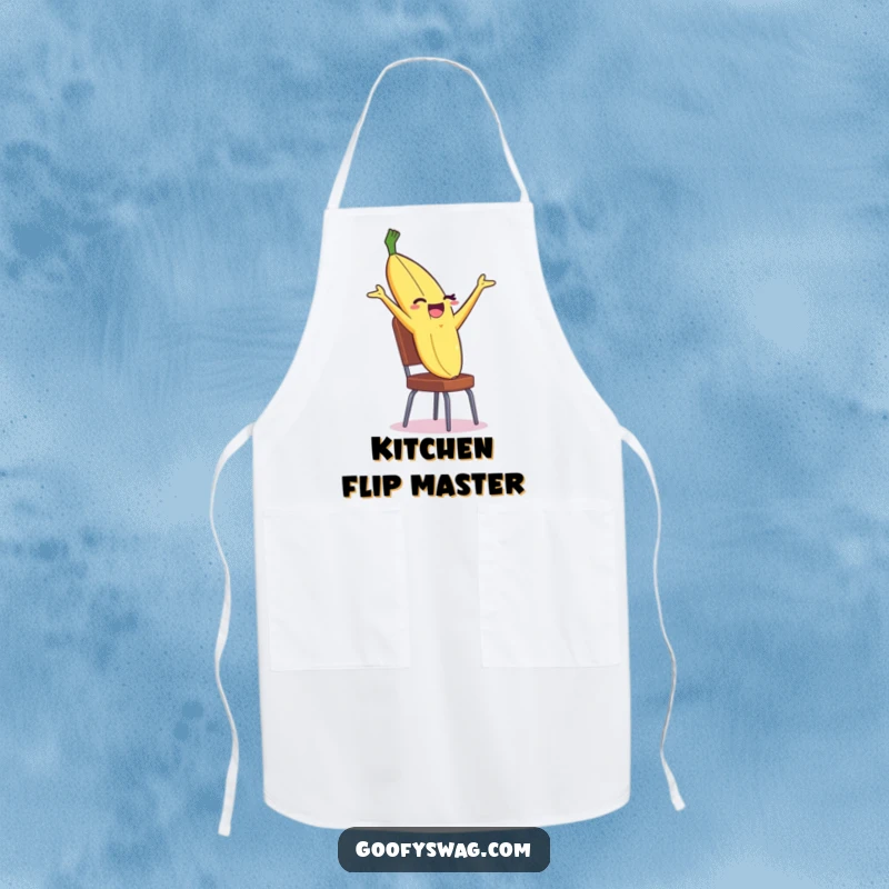 Funny Banana Peel Apron with a winking peel doing a dramatic backflip, adding humor to cooking duties.