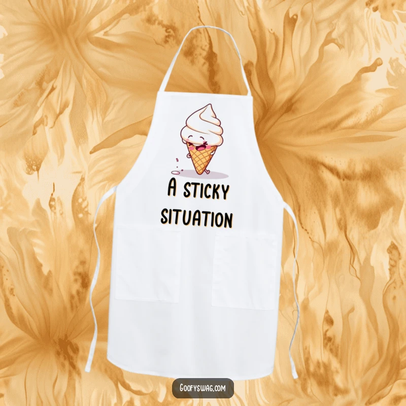 Funny clumsy ice cream cone character tripping over its own sprinkle, featured on a humorous kitchen apron.