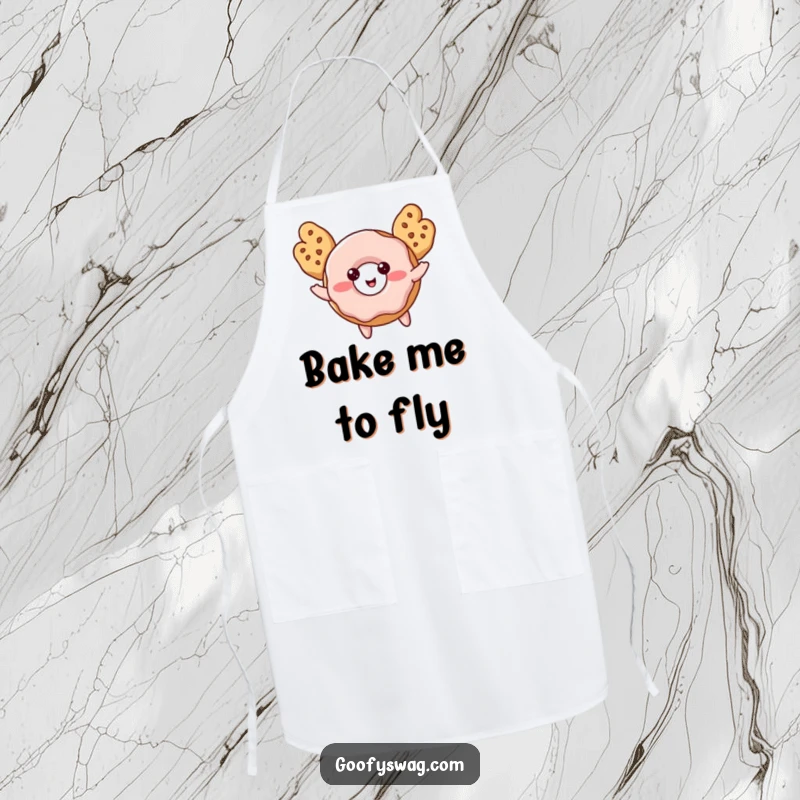 Funny Donut Apron with a blushing donut and cookie wings attempting flight, adding humor to baking.