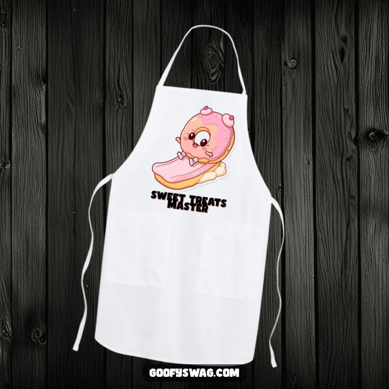 Funny apron depicting a donut character zooming down a frosting slide, adding playful humor to kitchen tasks.