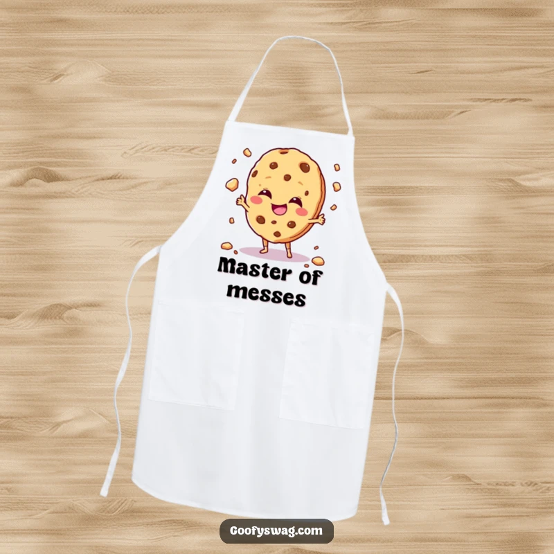 Funny giggling cookie character juggling crumbs with a mischievous grin, featured on a humorous kitchen apron.
