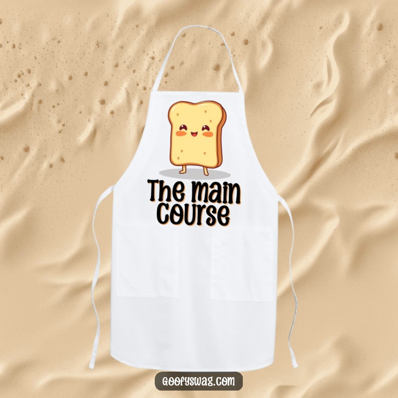 Funny apron with a proud grilled cheese sandwich posing dramatically in a spotlight, ideal for culinary stardom.