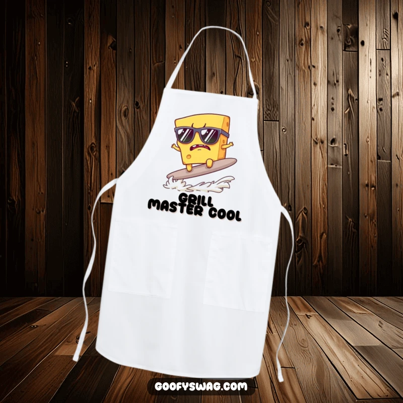 Funny apron depicting a grumpy cheese slice wearing sunglasses, surfing a cracker, ideal for kitchen cool.