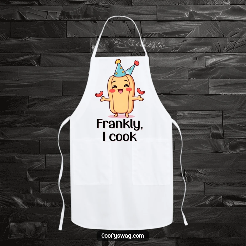 Funny hot dog apron, wearing a party hat and juggling tiny sausages. A humorous and festive kitchen accessory for cooking.