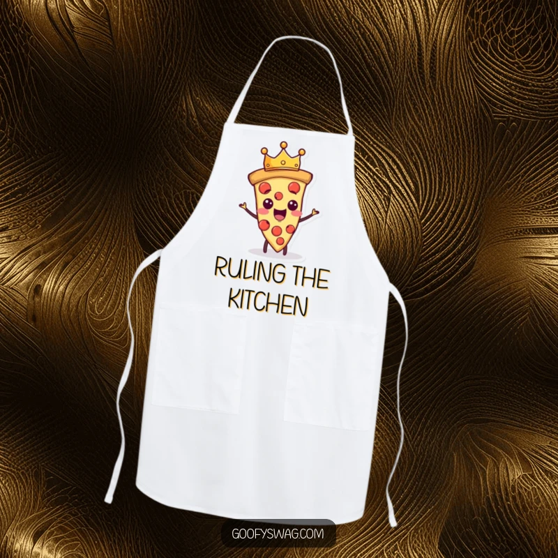 Funny proud pizza slice character wearing a tiny crown, featured on a humorous kitchen apron.
