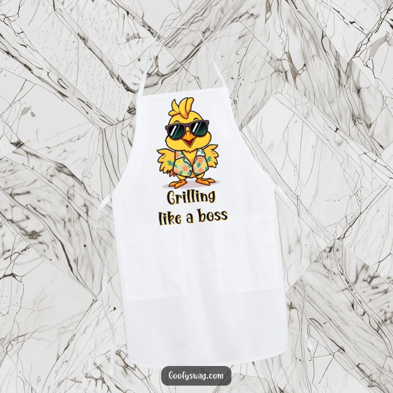 Funny rubber chicken Hawaiian shirt apron, a comical chef embodying vacation spirit, perfect for parties.