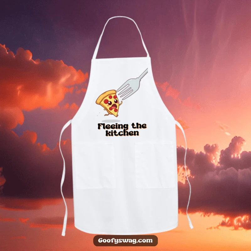 Funny apron designed with a startled pizza slice comically fleeing from a giant fork, a humorous kitchen accessory for cooking enthusiasts.