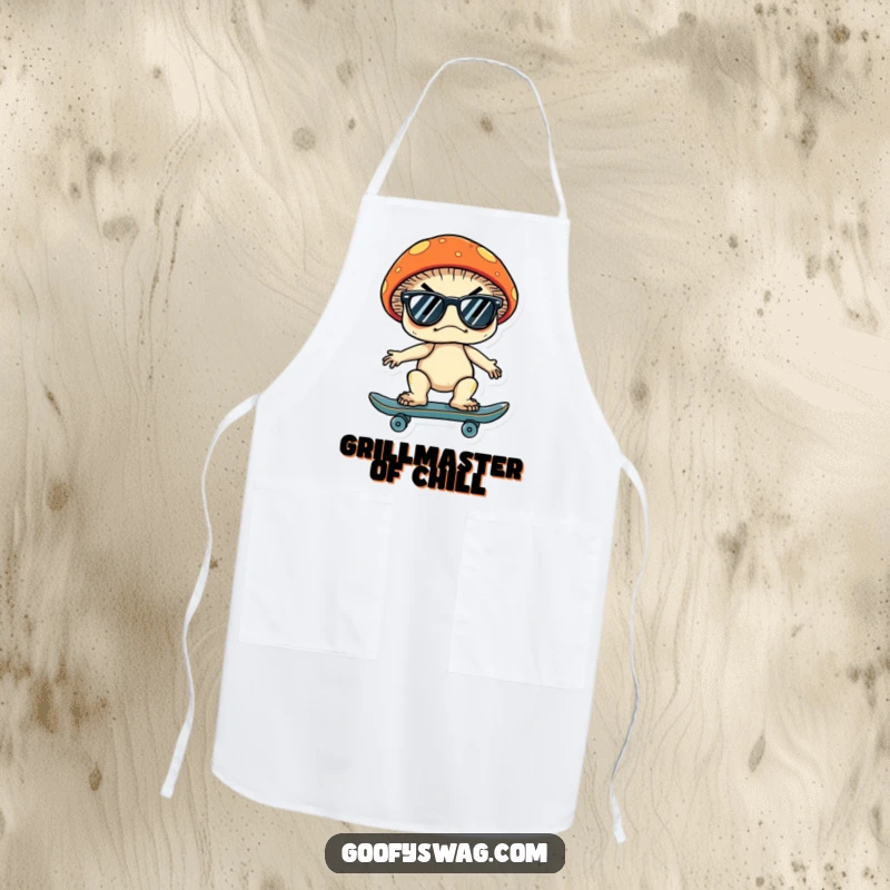 Funny apron featuring a grumpy mushroom in sunglasses on a skateboard, bringing a cool and humorous vibe to kitchen duties.
