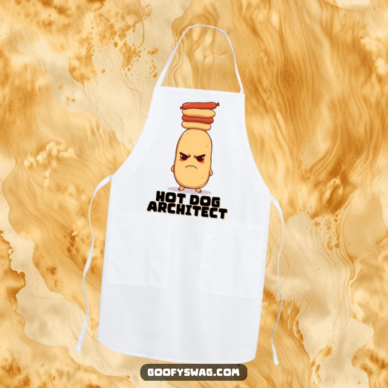 Funny grumpy potato apron, showing a potato trying to balance hot dogs on its head while cooking. Humorous kitchen wear.