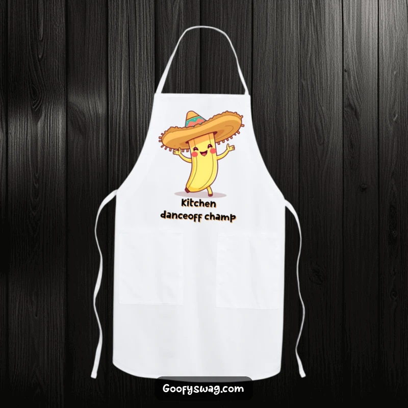 Funny apron showing a banana peel wearing a sombrero and doing the cha-cha, perfect for protecting clothes with a humorous fiesta theme.