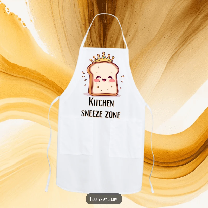 Funny apron depicting a crowned toast slice dramatically sneezing crumbs, ideal for kitchen drama and breakfast.