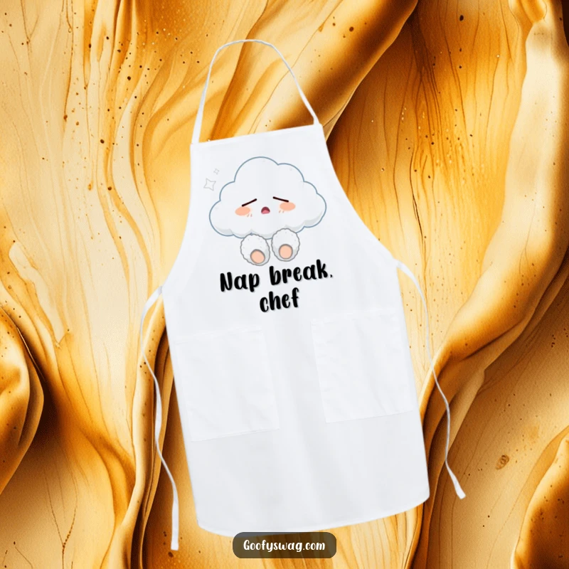 Funny sleepy cloud wearing fuzzy slippers and yawning, a humorous apron perfect for relaxed cooking sessions and adding charm to the kitchen.
