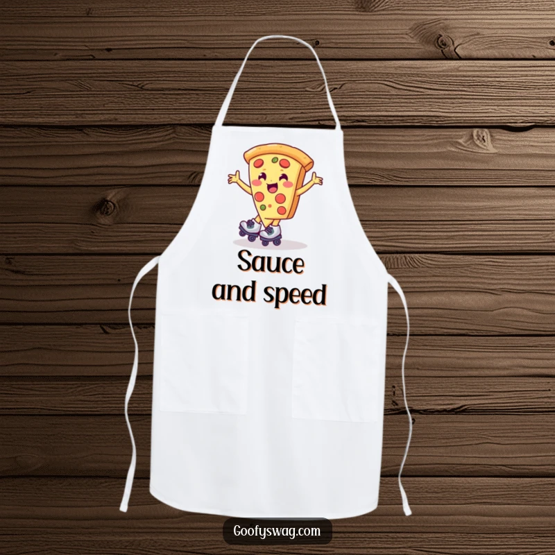 Funny pizza slice wearing roller skates, spinning around, featured on a durable apron for culinary adventures.