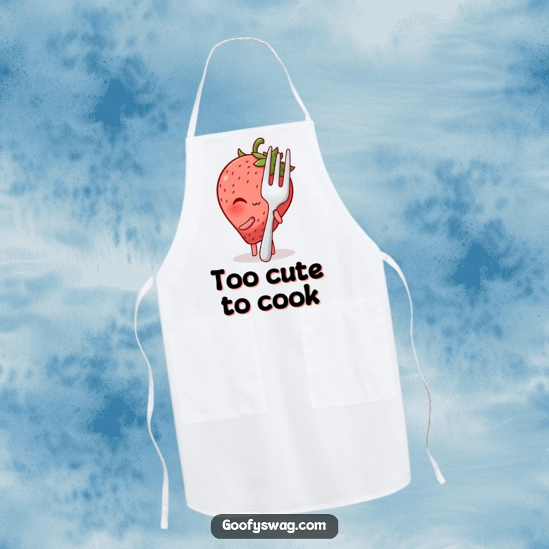 Funny apron featuring a blushing strawberry peeking shyly from behind a giant fork, perfect for a humorous cooking experience.