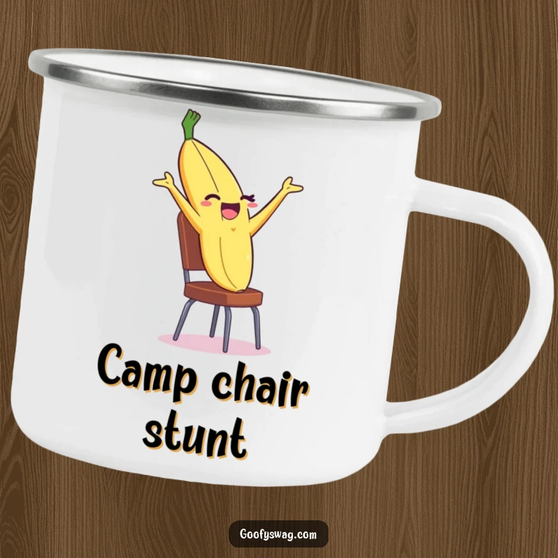 Funny Banana Peel Camping Mug with a winking peel dramatically backflipping off a chair, perfect for outdoor beverages.