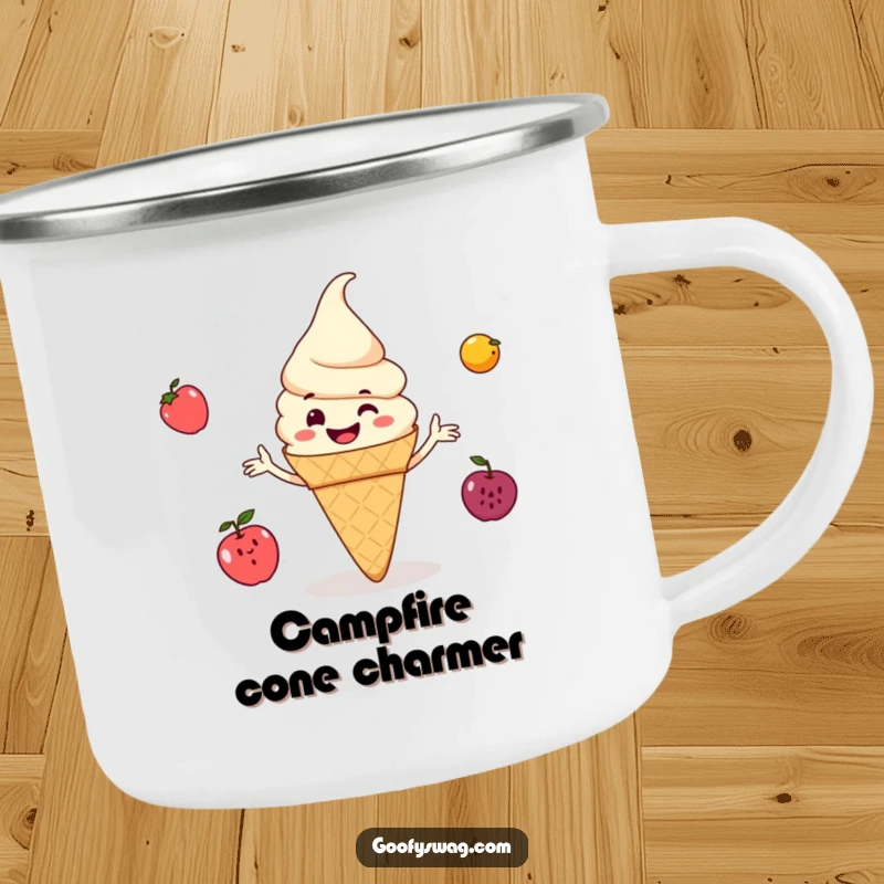 Funny ice cream cone grinning and juggling small fruits, a robust camping mug design ready for adventures and bringing sweet humor.
