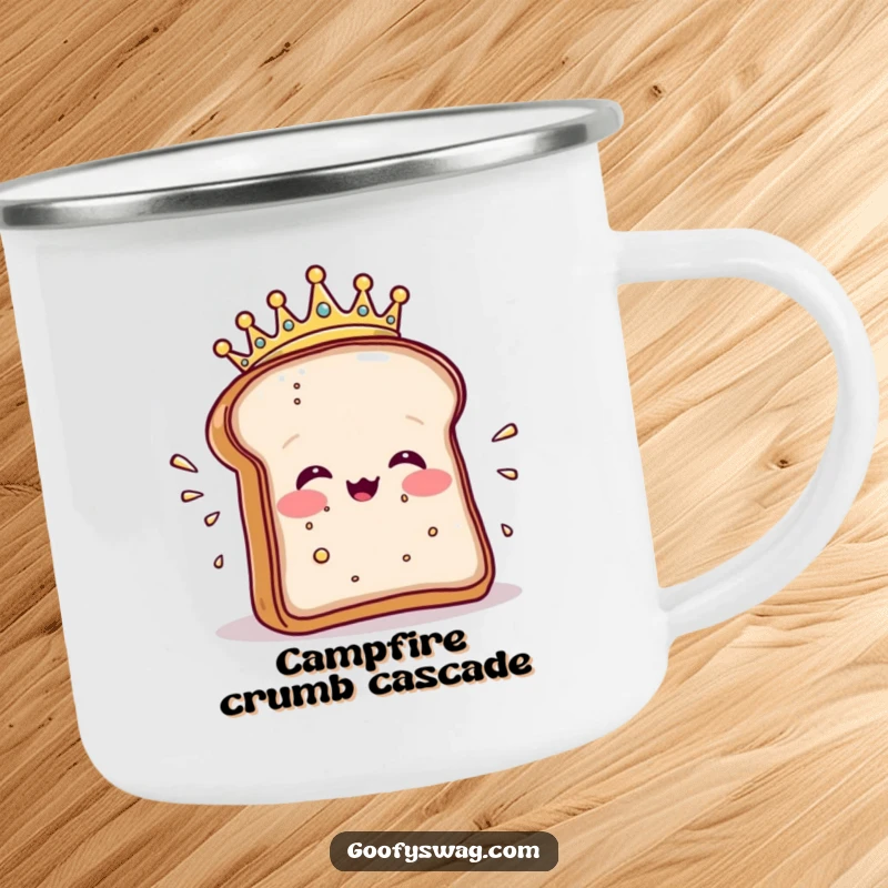 Funny camping mug with a crowned toast slice dramatically sneezing crumbs, perfect for royal outdoor sips.