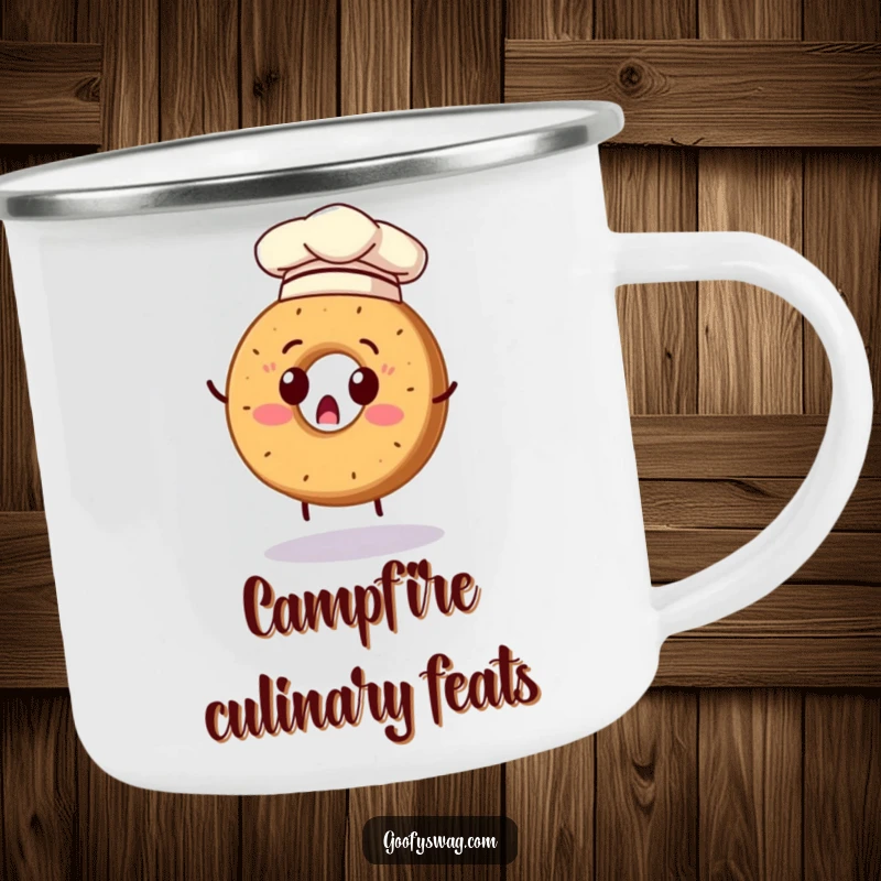 Funny camping mug with a surprised bagel chef hat on, attempting a flip, perfect for outdoor breakfast.