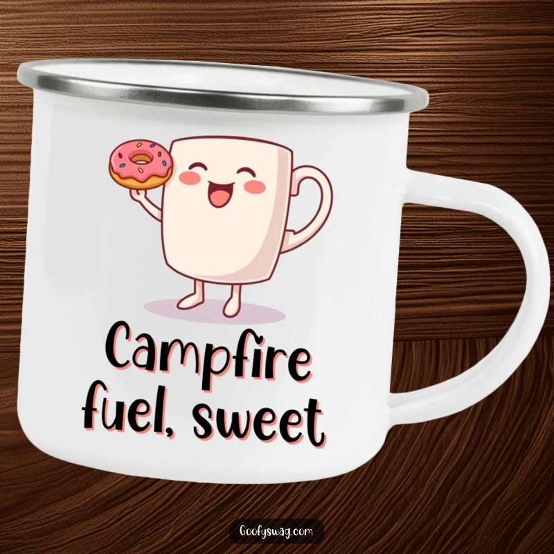 Funny Coffee Mug Camping Mug: A rugged mug featuring a dancing coffee mug balancing a donut, ready for outdoor fun and morning cheer.