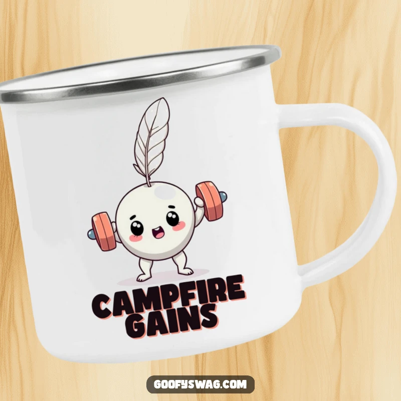 Funny determined dumbbell feather lift camping mug, a durable vessel featuring a comical workout scene.