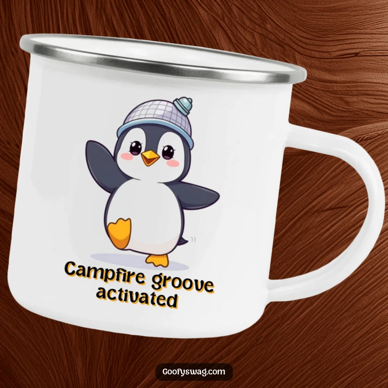 Funny Camping Mug showing a proud penguin in a disco ball hat dancing, perfect for outdoor parties.