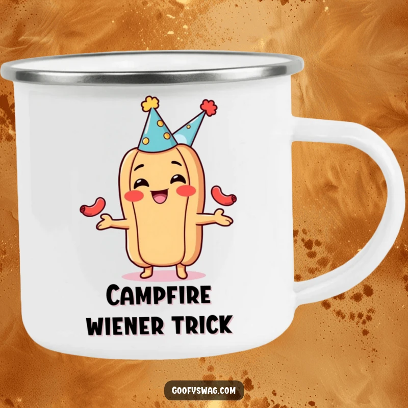 Funny hot dog camping mug, wearing a party hat and juggling sausages. Durable and humorous drinkware for outdoor festivities.