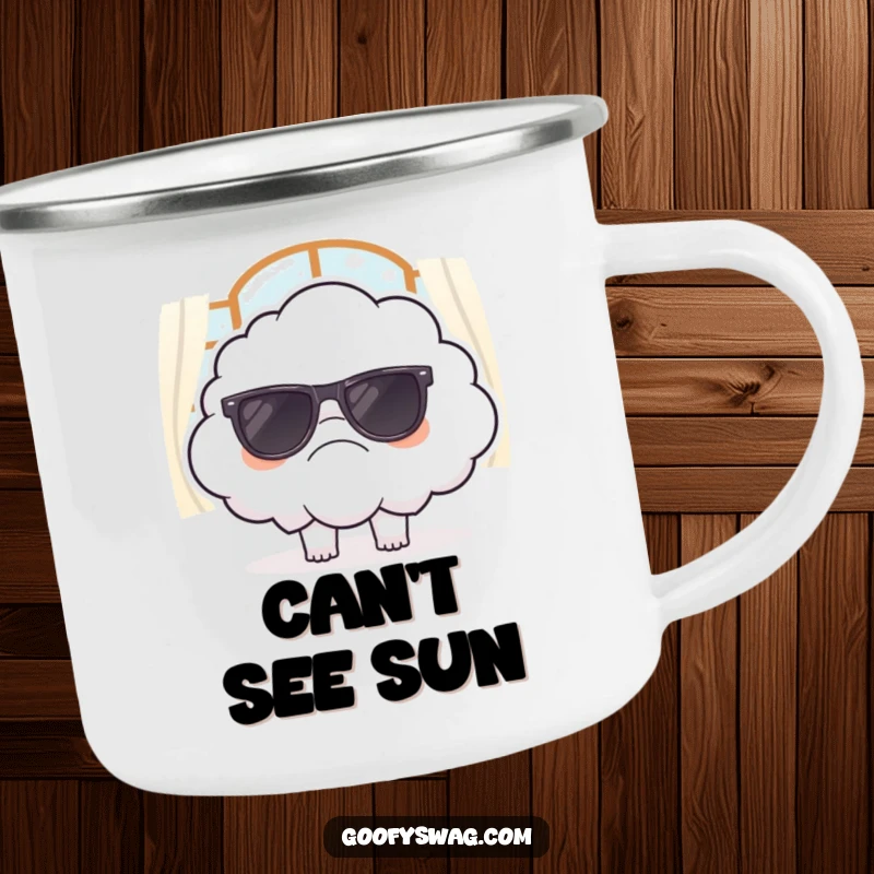 Funny camping mug featuring a grumpy cloud attempting to wear sunglasses indoors, durable and charming for outdoor grumps and humor lovers.