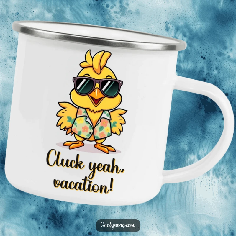 Funny rubber chicken Hawaiian shirt camping mug, a rugged mug with a cheerful, vacation-ready character.