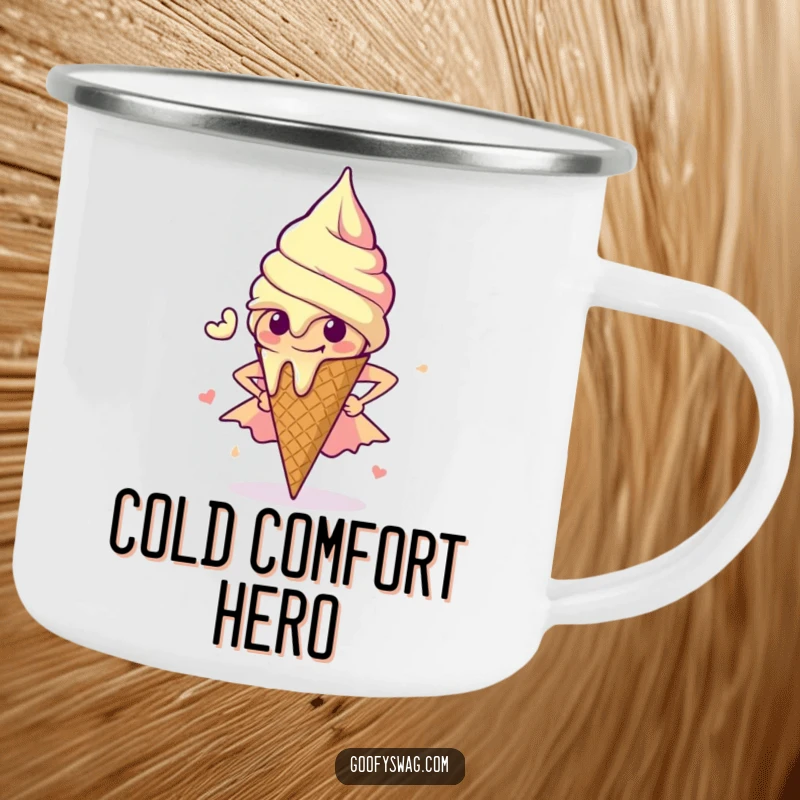 Funny Ice Cream Camping Mug: A rugged mug featuring a melting ice cream cone striking a superhero pose, ready for heroic adventures.
