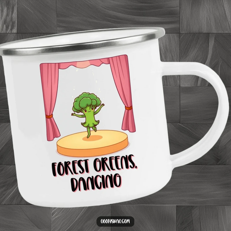 Funny dancing broccoli doing a dramatic pirouette on a tiny stage, a robust camping mug design ready for outdoor fun and energetic humor.