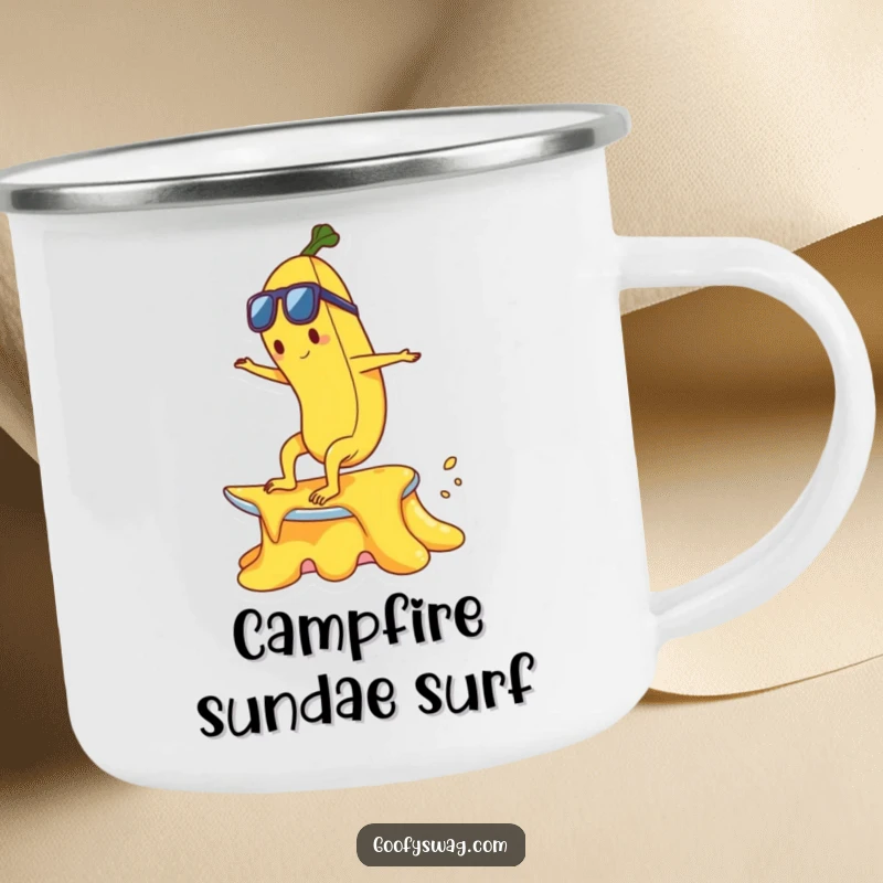 Funny happy banana character surfing on a melting ice cream cone on a sturdy camping mug.