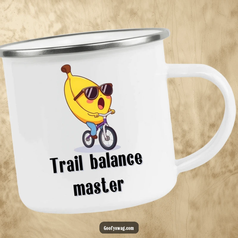 Funny banana camping mug, surprised expression, wearing tiny sunglasses, riding a unicycle. Durable and humorous drinkware for outdoor enthusiasts.
