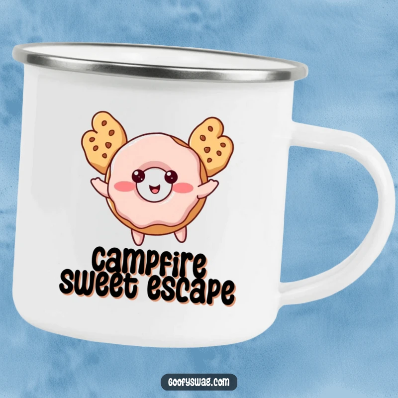 Funny Donut Camping Mug with a blushing donut and cookie wings attempting flight, perfect for outdoor beverages.
