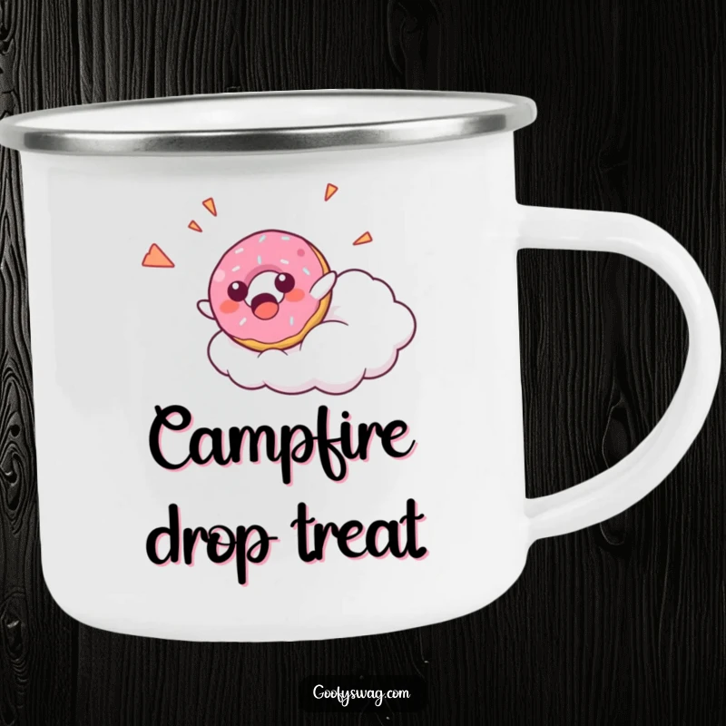 Funny Donut Falling Camping Mug featuring a surprised donut character falling from a cloud with a happy yelp, perfect for enjoying drinks during sweet outdoor moments.