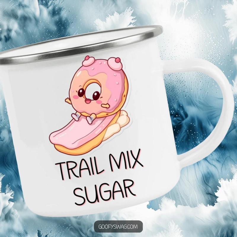 Funny donut character sliding down a frosting slide on a camping mug, perfect for humorous outdoor beverage enjoyment.