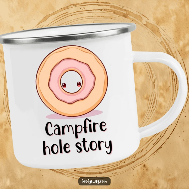 Funny doughnut character peeking from a larger doughnut’s hole on a camping mug, offering curious and humorous outdoor enjoyment.