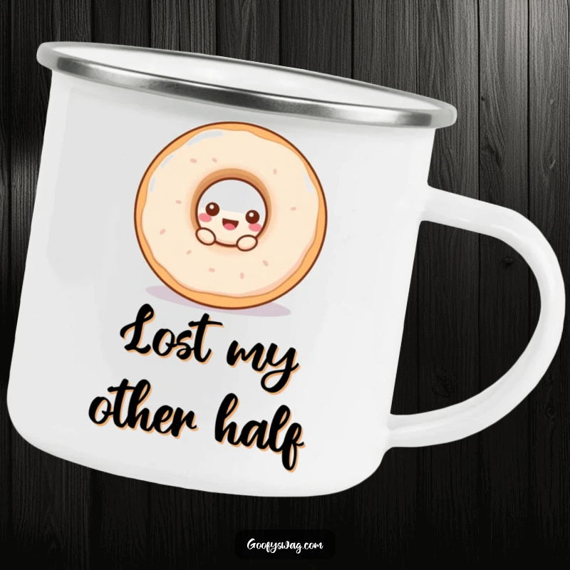 Funny doughnut camping mug with a curious doughnut peeking from a larger one, perfect for outdoor enthusiasts.
