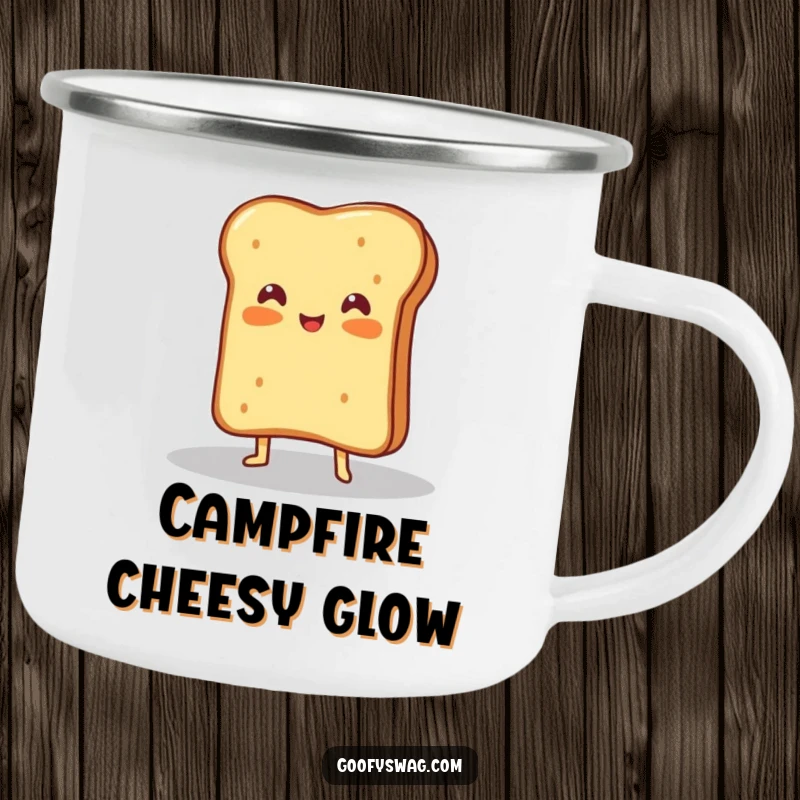 Funny camping mug with a proud grilled cheese sandwich posing dramatically in a spotlight, ideal for outdoor foodie fun.