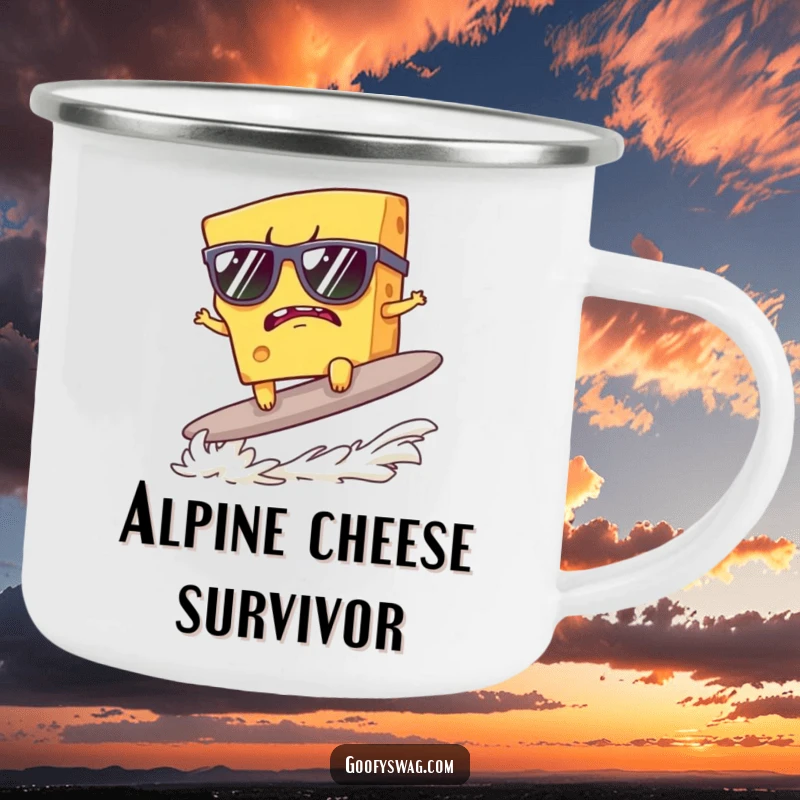 Funny camping mug with a grumpy cheese slice in sunglasses surfing a cracker, perfect for cool outdoor sips.