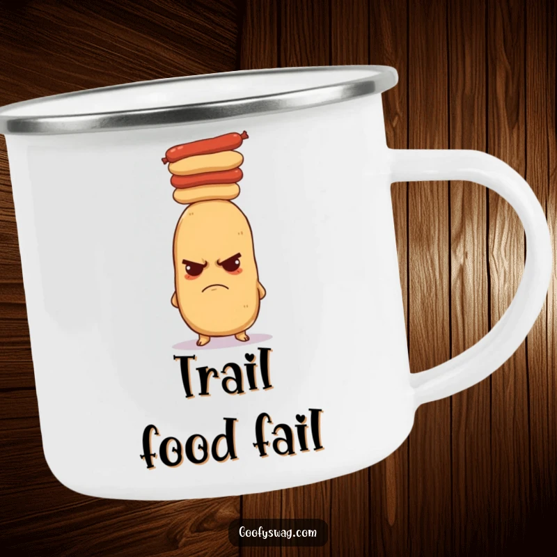 Funny grumpy potato camping mug, showing a potato struggling to balance hot dogs. Durable and humorous drinkware for outdoor use.