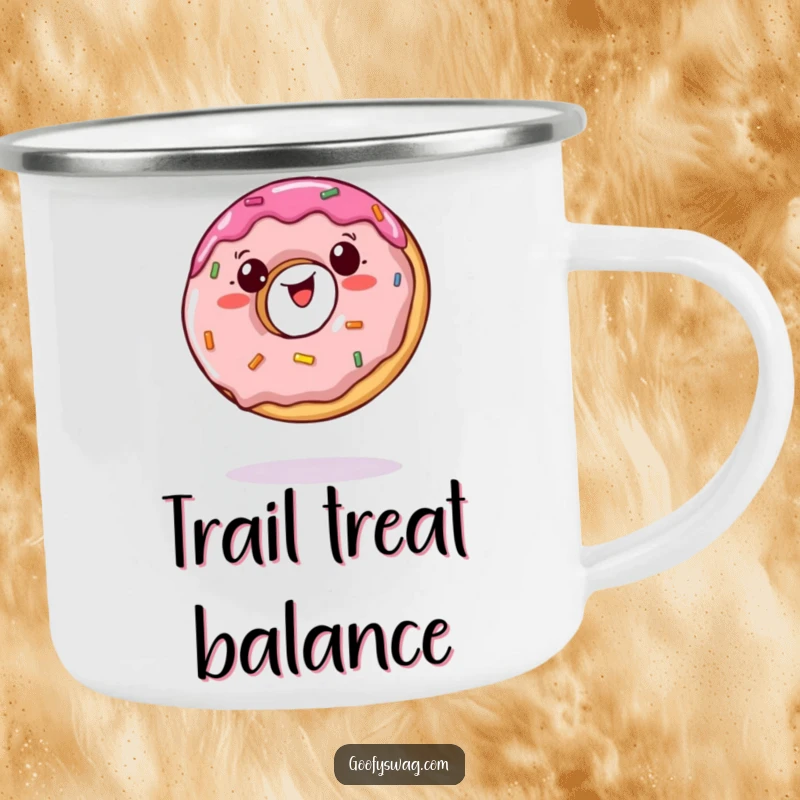 Funny camping mug with a wobbly jelly doughnut balancing on a single bite, perfect for sweet outdoor sips.