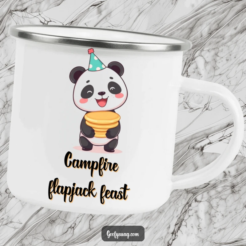 Funny beaming panda balancing pancakes in a party hat, a sturdy and humorous camping mug for outdoor lovers.
