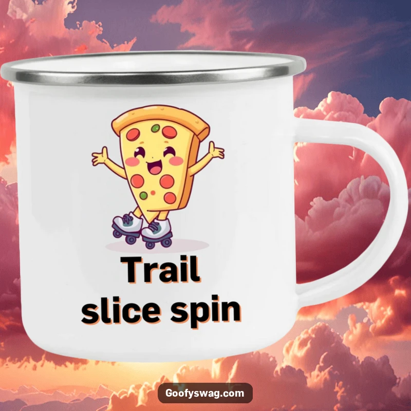 Funny pizza slice wearing roller skates, spinning with excitement, on a sturdy camping mug for rugged fun.