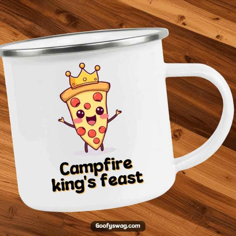 Funny proud pizza slice character wearing a tiny crown, on a durable camping mug.
