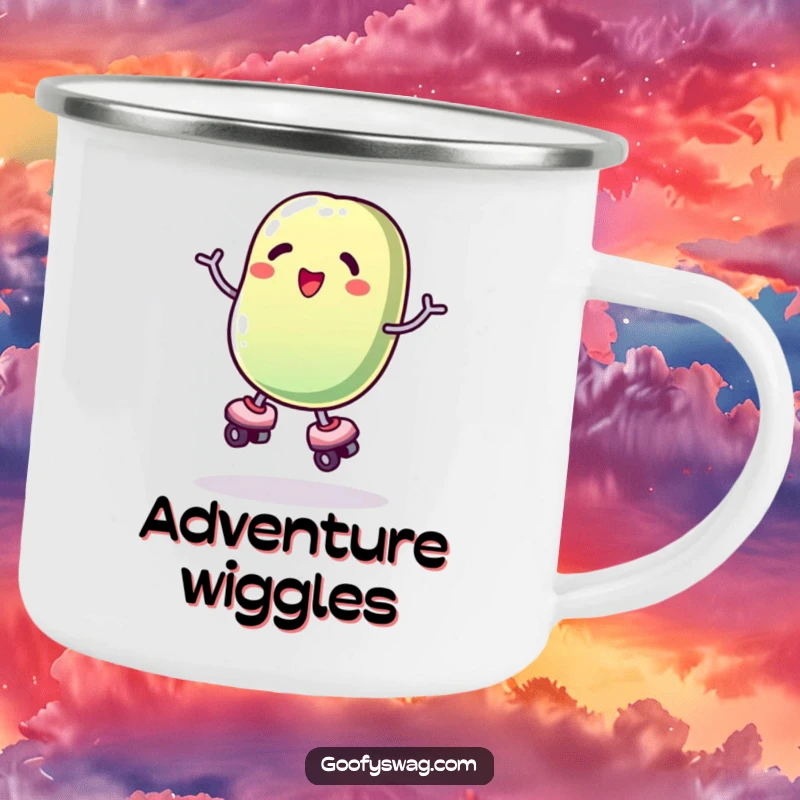 Funny roller skating jelly bean camping mug, a sturdy vessel for drinks with a comical character losing balance.
